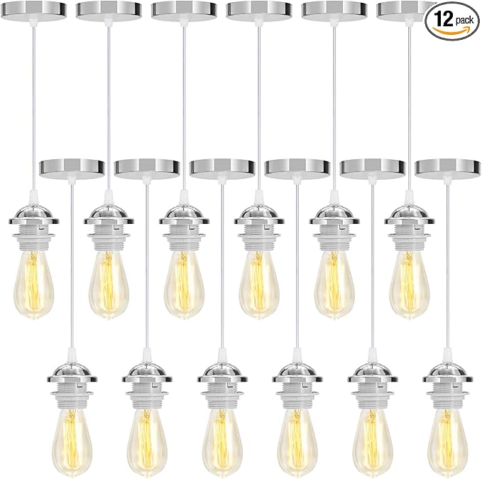 12 Pack Industrial Mini Pendant Light Kit Bulk, UL E26/E27 Lamp Socket 3.28 ft Adjustable Hanging Light Cord Kit Edison Vintage Retro Ceiling Lamp Fixture for Kitchen Bar Decor(Sliver)