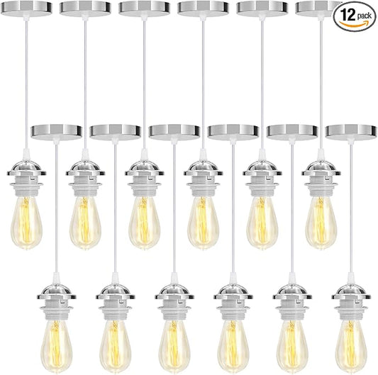 12 Pack Industrial Mini Pendant Light Kit Bulk, UL E26/E27 Lamp Socket 3.28 ft Adjustable Hanging Light Cord Kit Edison Vintage Retro Ceiling Lamp Fixture for Kitchen Bar Decor(Sliver)