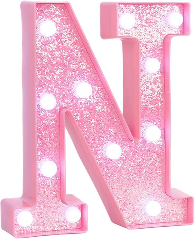 Pink Marquee Light Up Letters, Glitter Alphabet LED Letter Lights for Pink Birthday Party Decorations, Battery Operated Letter Sign for Girls Room Vanity Table Decor, Cool White Lights Letter N