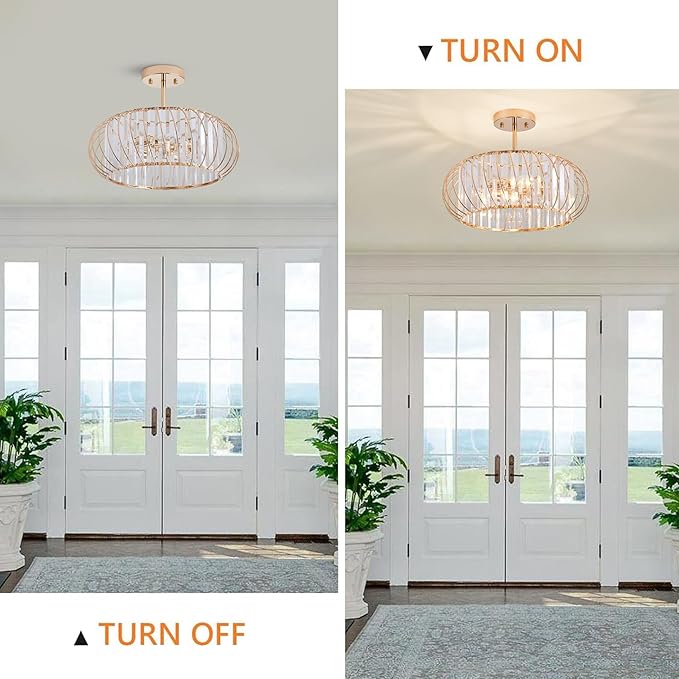 16 Inch Semi Flush Mount Crystal Ceiling Light, 3-Light Metal Cage Hallway Ceiling Lamps, Farmhouse Ceiling Light Fixture, Industrial Crystal Chandelier for Corridor Bathroom Kitchen (Gold, 16 Inch)