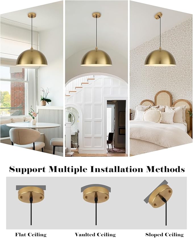 Gold Pendant Lights Kitchen Island, 16 Inch Gold Dome Pendant Light, Modern Farmhouse Pendant Light for Kitchen Island, Dining Room, Cafe, Bar, 2 Pack