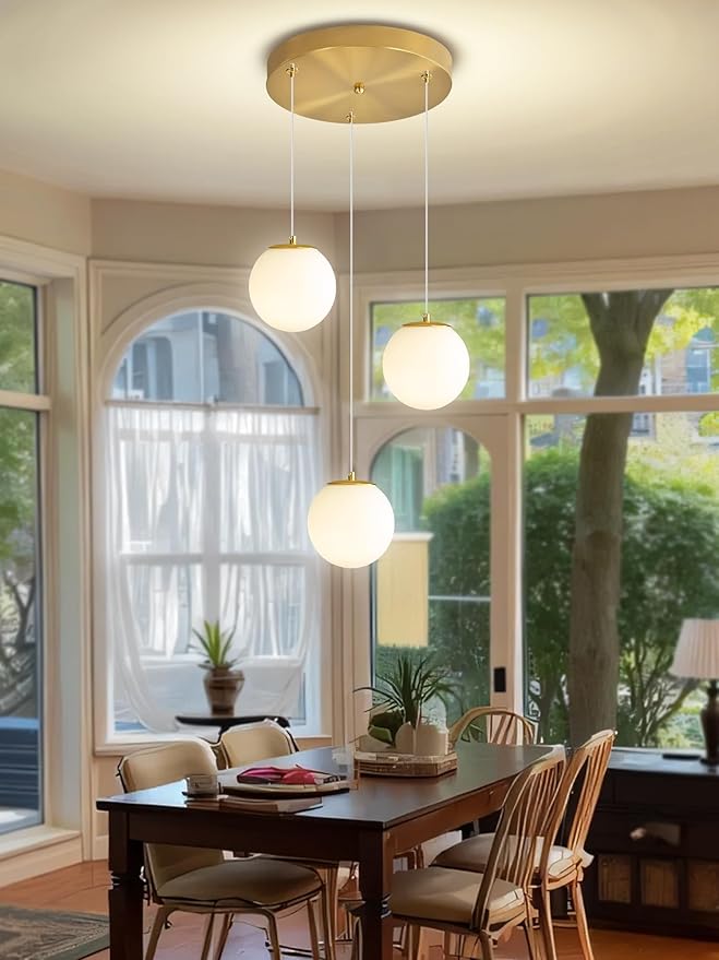 ykolupty 3-Light White Globe Glass Pendant Light Modern Gold Chandelier White Glass Pendant Chandelier for Dining Room Kitchen Island Foyer Hallway
