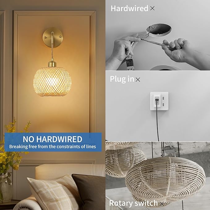 Vitnucrol Battery Operated Wall Sconces Set of 2 with Remote, Rechargeable Boho Rattan Battery Powered Wall Lights/Lamps, Wireless Lighting Fixtures for Bedroom Farmhouse, 15 Colors Dimmable, Gold