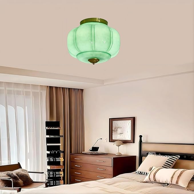 LIGHTLAND Milk Glass Ceiling Light, 15 Inch 3-Light Metal Glass Flush Mount Ceiling Light Fixture for Entryway, Hallway, Living Room, Bedroom (Style C, Green)