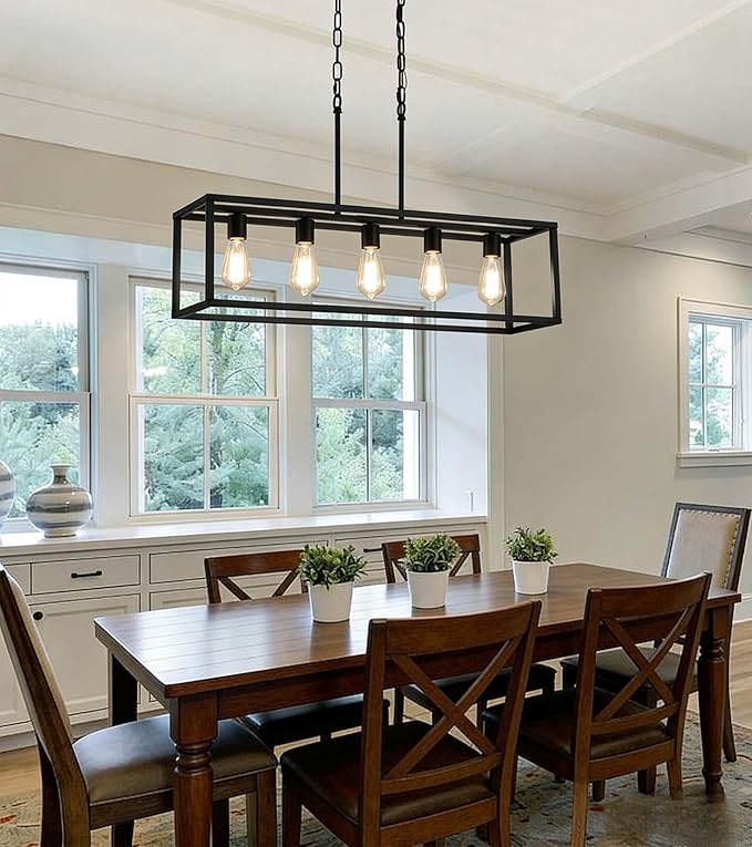 Black Dining Room Light Fixture,5 Light Rectangle Chandelier for Dining Room,Modern Farmhouse Light Fixture for Kitchen Island,Linear Light for Bedroom,Hallway,Foyer,Adjustable Height