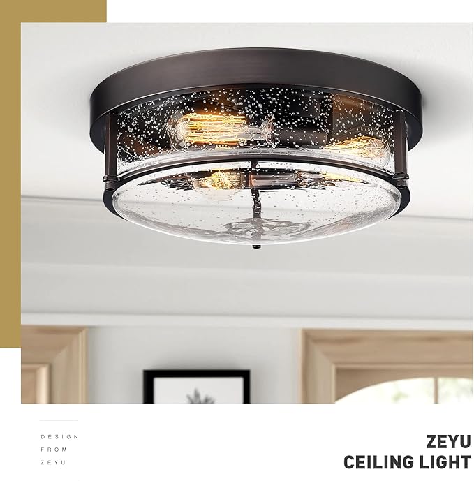 zeyu 3-Light Flush Mount Ceiling Light, 15 Inch Farmhouse Ceiling Lamp for Kitchen Living Room Porch, Oil Rubbed Bronze Finish with Seeded Glass, ZG59F ORB