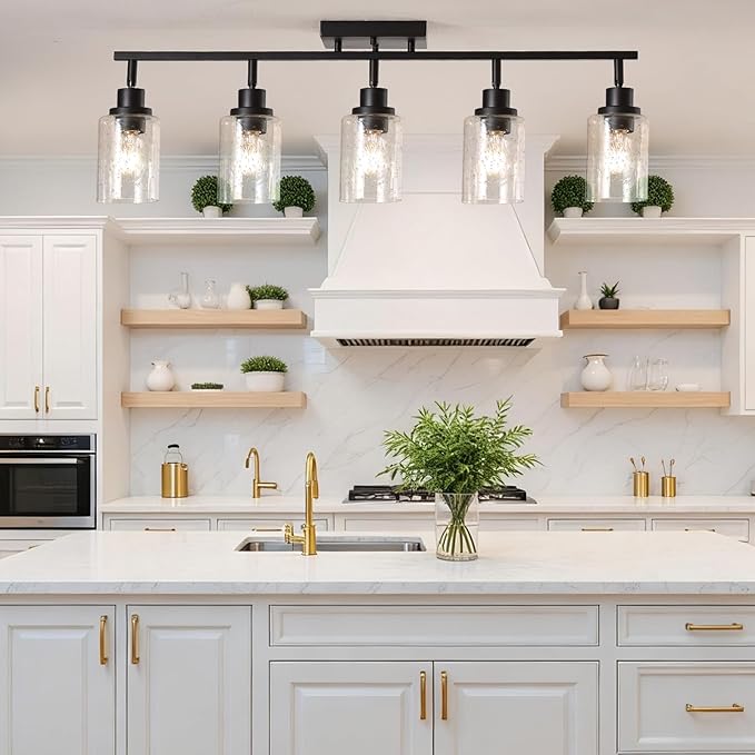 LOUSACE Flexible Track Lighting Kit, Black 5-Light Flush Mount Ceiling Spotlights with Seeded Glass, Bathroom Vanity Lighting Modern Ceiling Track Light Fixtures for Kitchen Dinning Room