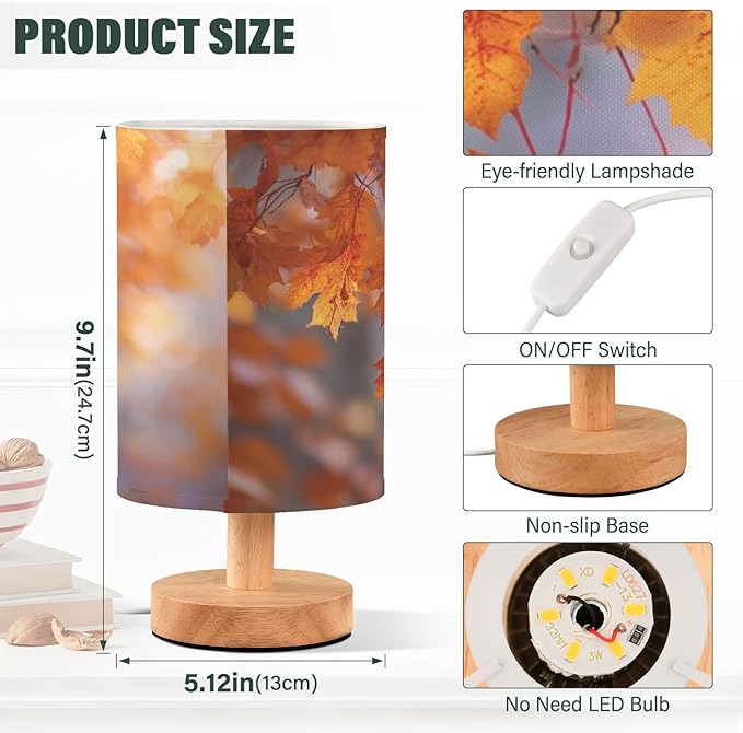 Aslsiy Maple Leaves Bedside Table Lamp Autumn Nightstand Lamp Night Light Fabric Shade for Bedroom Living Room Home Office