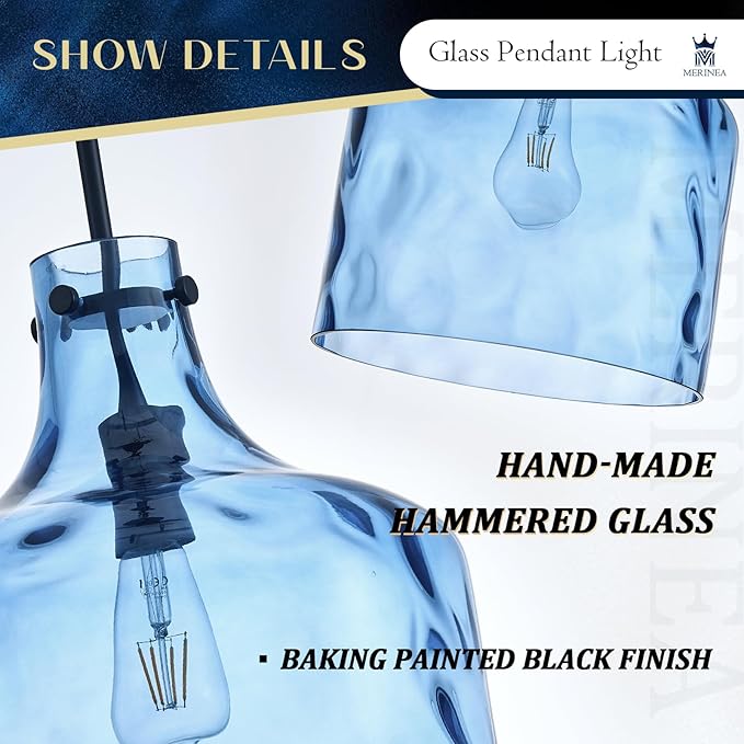 Farmhouse Pendant Light – Hand-Blown Blue Hammered Glass Shade, Black Finish, E26 Socket, Adjustable Chain Hanging Light Fixture for Kitchen Island, Dining Room & Hallway, 15" H x 12" D