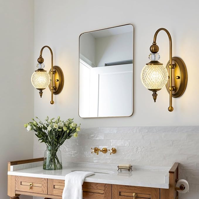 Vintage Gold Wall Sconce with Acrylic Globe Shade Brushed Brass G9 Bulb Vanity Light Indoor Wall Light for Bathroom Bedroom Hallway Living Room