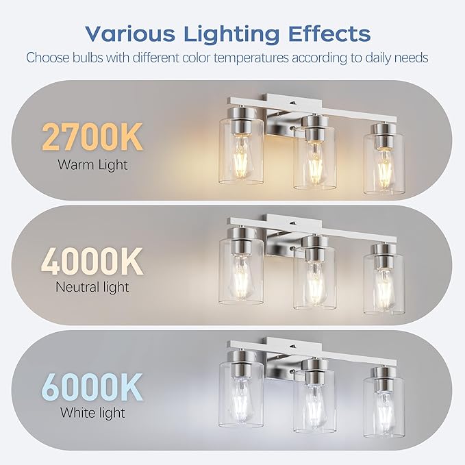 PARTPHONER 3-Light Bathroom Light Fixtures, Brushed Nickel Vanity Light with Clear Glass Shade, Modern Wall Sconce for Mirror Bedroom Living Room Hallway Lighting