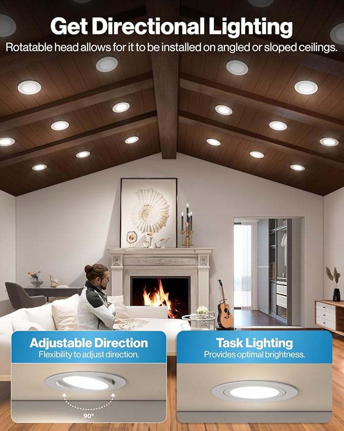 Sunco 4 Pack 6 Inch 5 CCT Gimbal LED Recessed Light Slim, 1350LM High Brightness, 2700K/3000K/4000K/5000K/6000K Selectable, 12W, Angled Directional Canless Downlight with JBox - ETL, FCC.