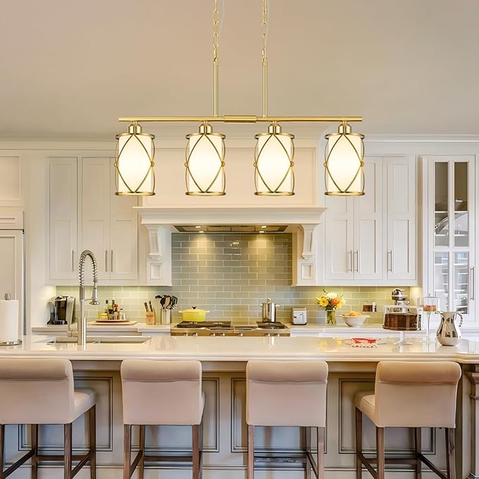 4-Light Kitchen Island Lighting, Brushed Gold Linear Dining Room Light Fixtures with Milk Glass, Modern Industrial Chandelier Pendant Light for Kitchen Island Dining Room, CH9176BGW-4IS
