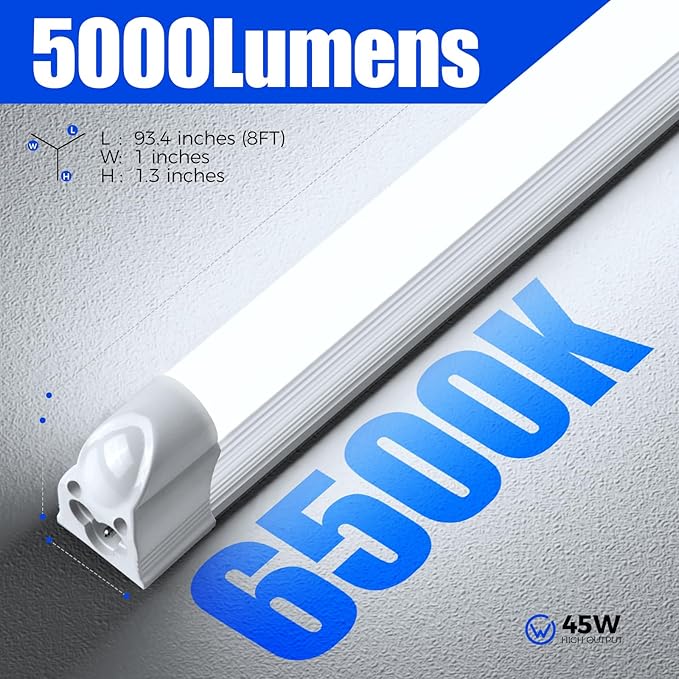 Barrina T5 LED Shop Light, 8FT, 5000LM, 6500K Super Bright White, 45W Linkable Shop Lights, Led Garage Light, Corded Electric with ON/Off Switch, ETL Listed (10 Pack)