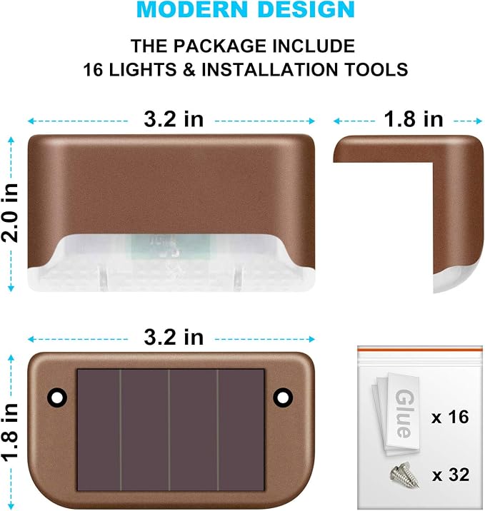 DenicMic 16 Pack Solar Deck Lights Outdoor Waterproof 4000K Warm White LED | Step Fence Patio Yard Stair Railling Pool Side Balcony Front Porch Outside Deck Lighting Decorative 5 Lumen ABS Brown Shell