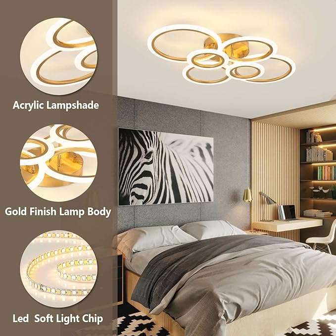 Gold Modern Flush Mount Ceiling Light,6 Rings Dimmable LED Modern Ceiling Light Fixture with Remote,Close to Ceiling Lamp for Living Room Bedroom Kitchen Lighting Fixtures Ceiling Mount