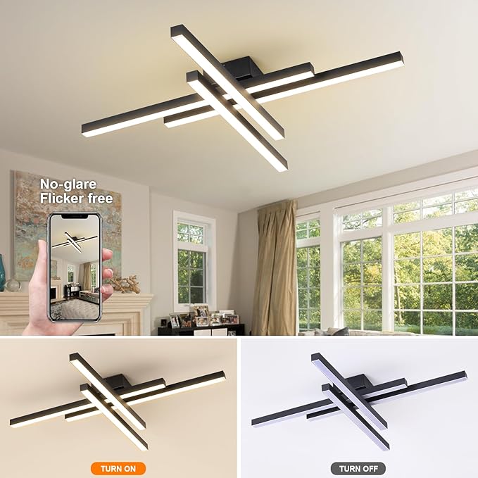 JAYMP 43.3" Modern Ceiling Light with Remote, Black Sputnik Ceiling Lamp, 64W Dimmable LED Lighting Fixture for Dining Room, Living Room, Kitchen Island, 4 Lights
