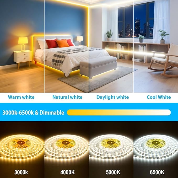 66FT White LED Strip Lights 3000K-6500K Dimmable, Smart Strip Light Alexa Compatible, 24V WiFi Flexible Tape LED with APP & RF Remote, Cabinet Lighting Self-Adhesive for Room, Kitchen