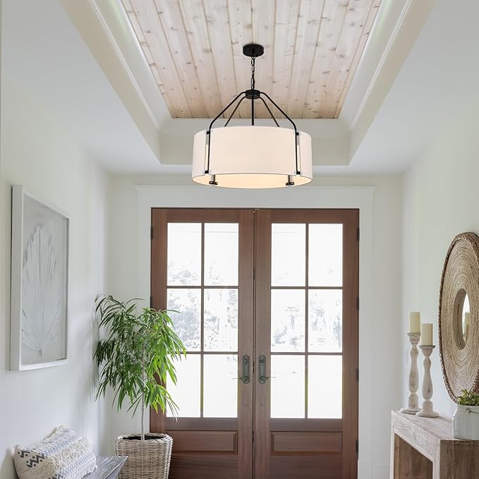 Drum Chandeliers, Modern 23'' Farmhouse Pendant Light Fixture with White Linen Fabric Shade, Black Round Adjustable Hanging Lights for Dining Room Bedroom Kitchen Living Room Foyer Entryway