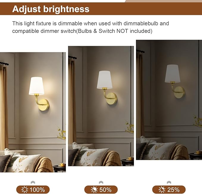 Modern Bathroom Vanity Light, Brushed Gold Bathroom Light Fixtures, Set of 2 Lighting Fixtures Over Mirror, Modern Wall Sconce with Flared White Fabric Shade, E26 Socket(ETL Listed)