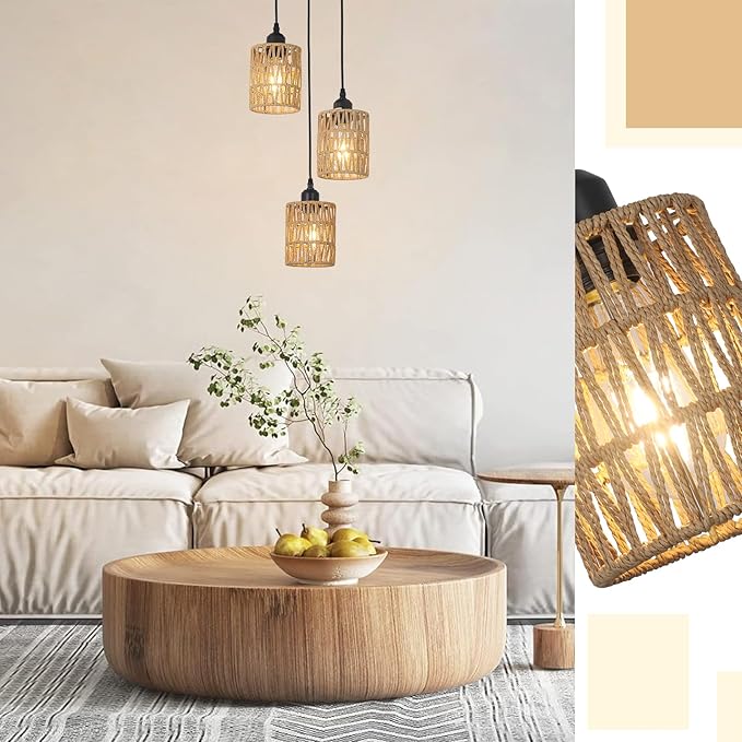 LAMSU 3 Lights Rattan Pendant Light, Farmhouse Dining Room Light Fixtures Ceiling Hanging, Boho Pendant Lighting with Hand Woven Wicker Shades for Kitchen Island Living Room Bedroom Foyer Hallway