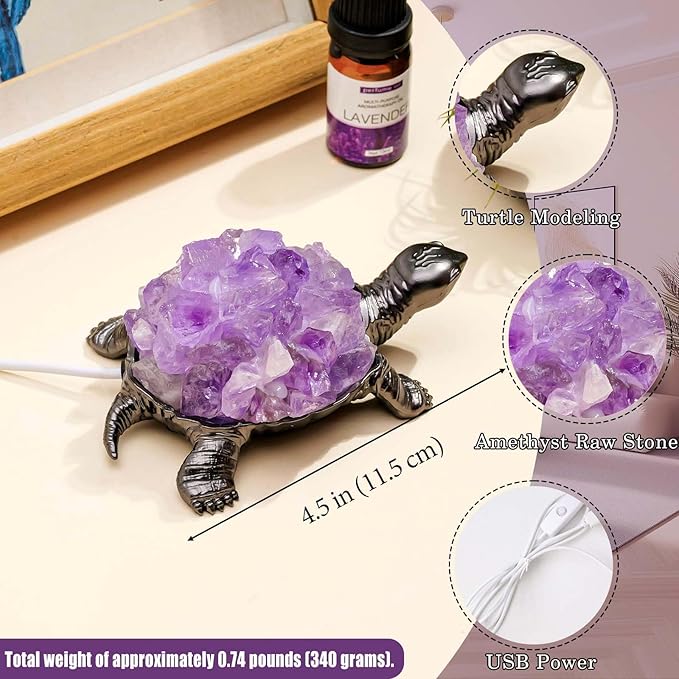 Runyangshi Natural Amethyst Turtle Night Lamp Healing Crystal Bedroom Bedside Table Lamp USB Port Home Decor Women Men Gift