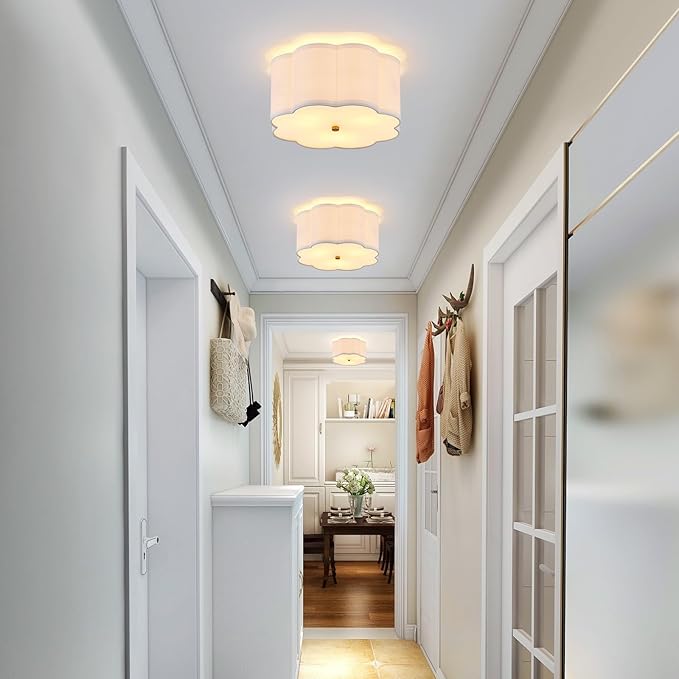 12.99“ Semi Flush Mount Ceiling Light Fixture Modern 3-Lights Gold Drum Ceiling Lighting Vintage Linen Ceiling Lamp for Laundry Room, Kitchen, Basement, Dining Room, Bedroom