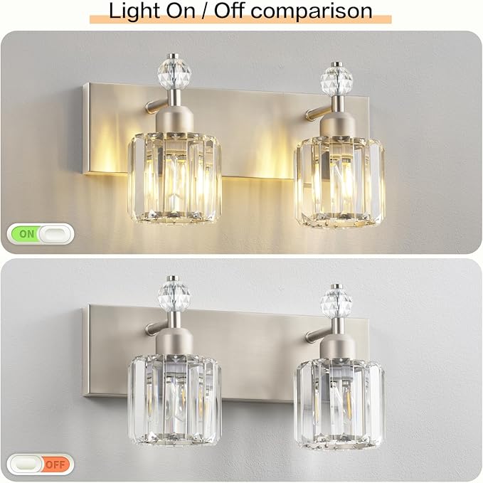 PRESDE 2-Light Crystal Bathroom Vanity Light, Brushed Nickel Modern Bath Lighting Fixture Over Mirror, Wall Sconce Lamp