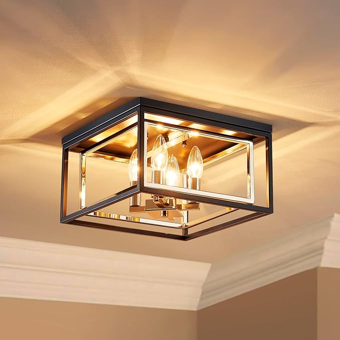 AGV LIGHTING CL035G Modern Flush Mount Ceiling Light Fixture, Close to Ceiling Light, E12 Base 3-Lights, L12 x W12 x H7, Matte Black & Shine Gold Finish