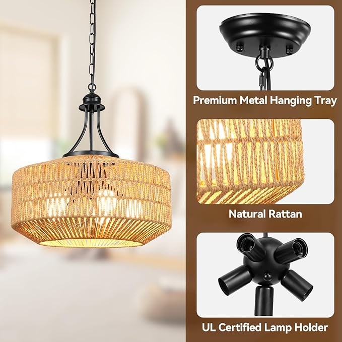 5-Light Rattan Pendant Light, 18.8" Large Boho Chandeliers for Living Room, Dining Room, Hand Woven Wicker Fixture with Adjustable Cord, Coastal Farmhouse Hanging Lamp for Kitchen Island