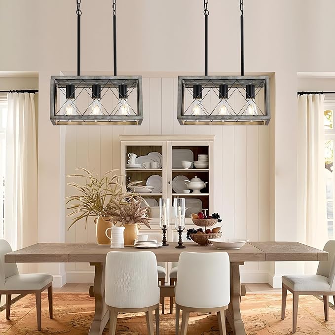 KEESFU Farmhouse Kitchen Island Lighting Ceiling, 3 Lights Pendant Lighting Fixtures, Adjustable Height, Industrial Dining Room Light