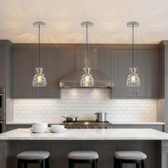 Brushed Nickel Pendant Lights Kitchen Island 2 Pack, 5.9“ Mini Hammered Glass Pendant Light Fixtures, Adjustable Modern Hanging Lights Kitchen Pendant Lighting over Island Sink Bathroom Dining Room