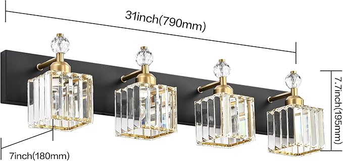PRESDE 4-Light Crystal Vanity Light for Bathroom Modern Black and Gold Bathroom Lights Fixtures Over Mirror Modern Bath Wall Lighting