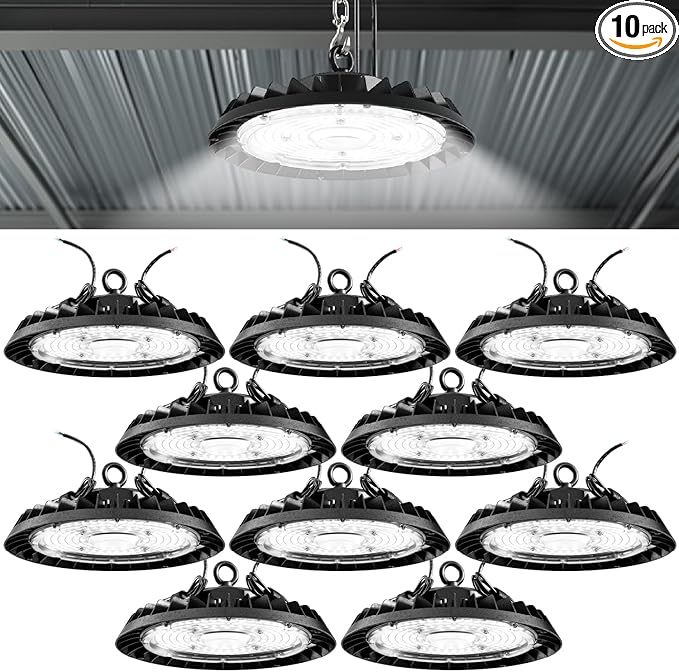 Sunco 10 Pack UFO LED High Bay Light, 150W, 21000 Lumens 5000K 100-277V Dimmable 0-10V, Ultra Bright Commercial Shop Lights for Warehouse, Factory, Workshop, Garage & Barn, Ceiling Mount, UL