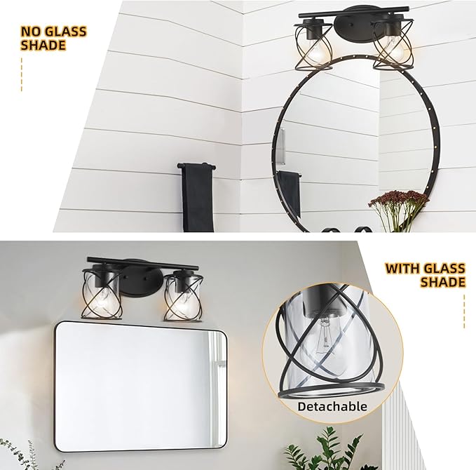 mavcadonf 2-Lights Vanity Lights, Bathroom Light Fixtures Over Mirror, Matte Black Vanity Light, Farmhouse Wall Lights with Clear Glass Shade, Bathroom Wall Lamp for Mirror Kitchen Bedroom