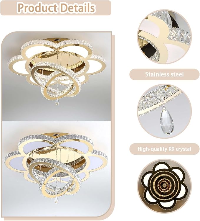 ykolupty W32'' Modern Chandelier for Living Room Crystal Chandeliers Flush Mount Chandelier for Dining Room Bedroom Foyer Dimmable 2700-6000K (Gold Chandelier)