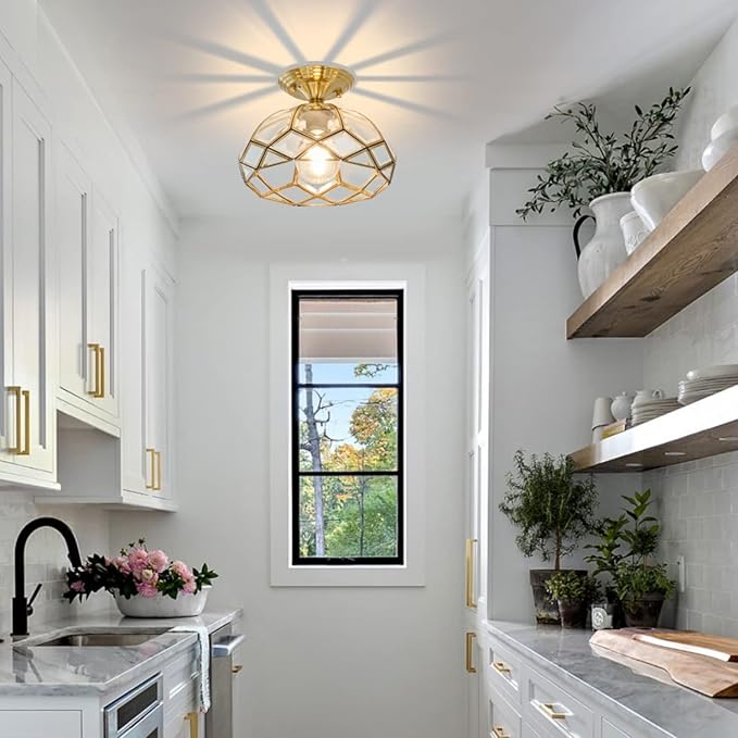 Brass Glass Semi Flush Mount Ceiling Light 1-Light Hallway Ceiling Light Vintage Gold Close to Ceiling Light Fixture for Foyer,Entryway,Kitchen,Bathroom,11.42in