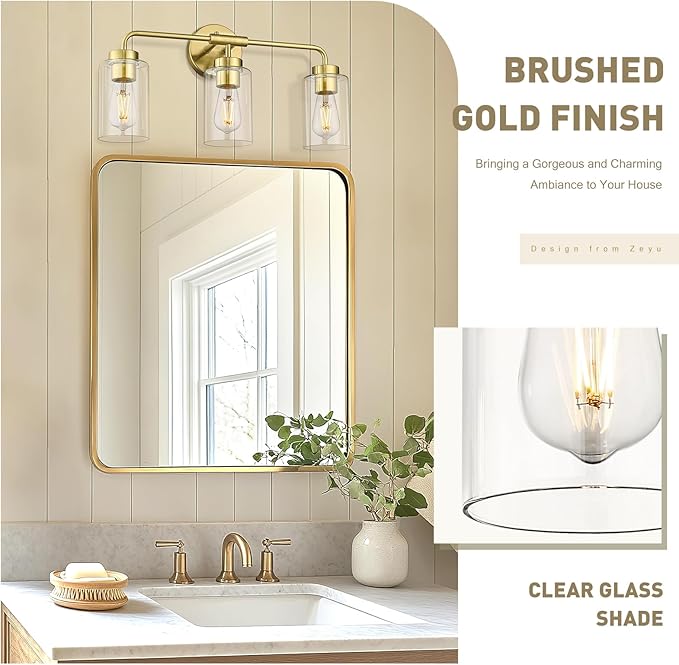 zeyu 3-Light Vanity Lighting Fixtures, Modern Vanity Lighting Fixtures Over Mirror with Cylinder Clear Glass Shade, Brushed Gold Finish, ZS62B-3W BG