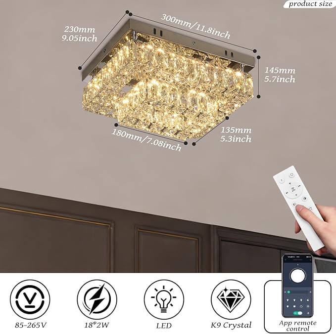 Finktonglan Modern 2-Tier Crystal Flush Mount Ceiling Light, 11.8" Rectangular Dimmable LED Ceiling Fixture with Multi-Faceted Crystal Prisms, 24W Low Profile for Kitchen Dining Hallway