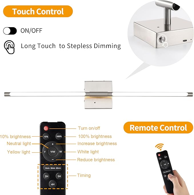 Morauroral Battery Operated Wall Sconces Set of 2, Dimmable Battery Wall Sconce with Remote Control, Sand-Nickel LED Rechargeable Sconces, 24 Inch Modern Wireless Wall Lights for Bedroom, Living Room