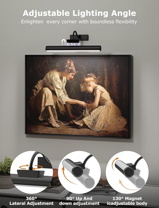 Skairipa Picture Light, Wireless Picture Light with Remote, Battery Operated 5000mAh, 3 Color Modes and Dimmable LED Lights with Timer for Paintings, Gallery, Wall, Dartboard, Bedroom (Black-1Pack)