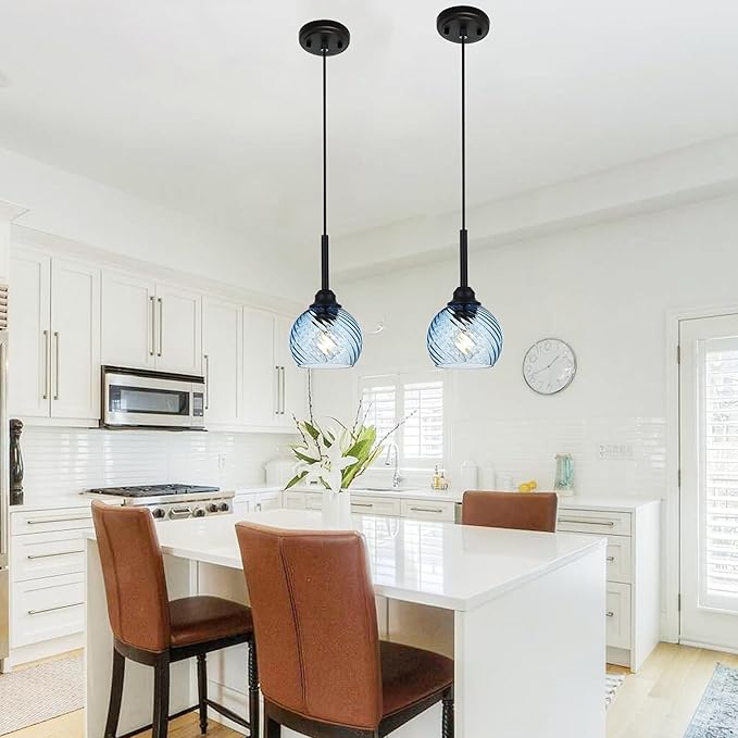 2 Pack Pendant Lights Kitchen Island with Blue Striped Swirl Globe Glass, Modern Hanging Light Fixtures Semi Flush Mount Stylish Black Pendant Lighting for Dining Room Hallway Bedroom Bar