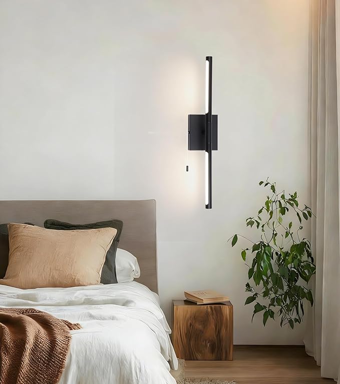 24 Inch Black LED Bar Bathroom Vanity Light,360° Rotatable Vanity Light Fixtures with Pull Chain Over Mirror,4000K Modern Bathroom Sconces Wall Lighting Picture Light