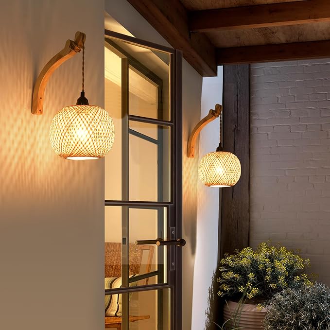Plug in Wall Sconce,Farmhouse Wicker Wall Lamp Plug in,Hand Woven Rattan Wall Light Farmhouse Rustic Boho Sconces Wall Lighting for Living Room Bedroom