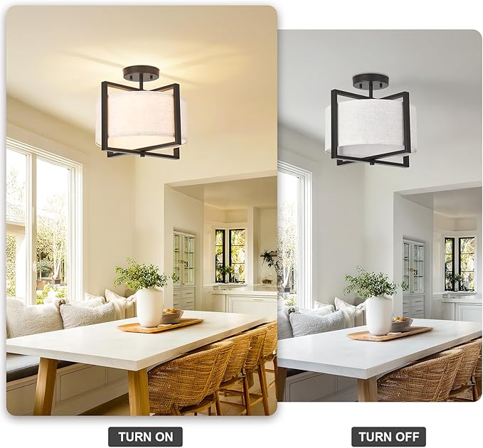 Fabric Ceiling Light Fixture 2 Lights Boho Flush Mount Ceiling Lights Hand-Woven Rattan Drum Chandelier Farmhouse Light Fixture for Bedroom Entryway Hallway