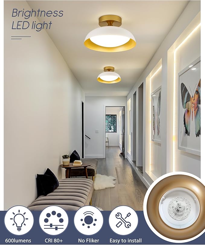 kudos Flush Mount Ceiling Light, 9.5inch LED Ceiling Light Fixture, White and Gold Finish, 12W 600lm Modern Hanging Light Fixtures for Living Room, Bedroom, Hallway, 5CCT Adjustable, KDCL01-WT-S