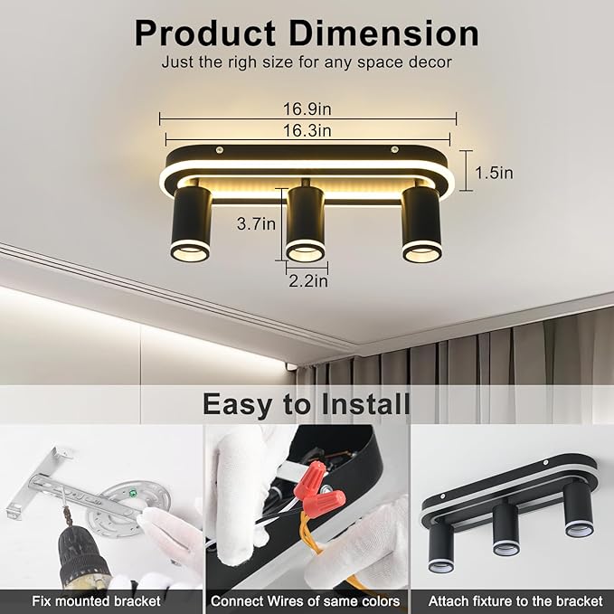 LED 3 Light Track Lighting Spotlight Kit, Black Ceiling Spotlights, Modern Track Light Fixture with Flexibly Rotatable Light Heads, 35W+15W Dual Lighting for Kitchen Living Room,Includes 3 x GU10 Bulb