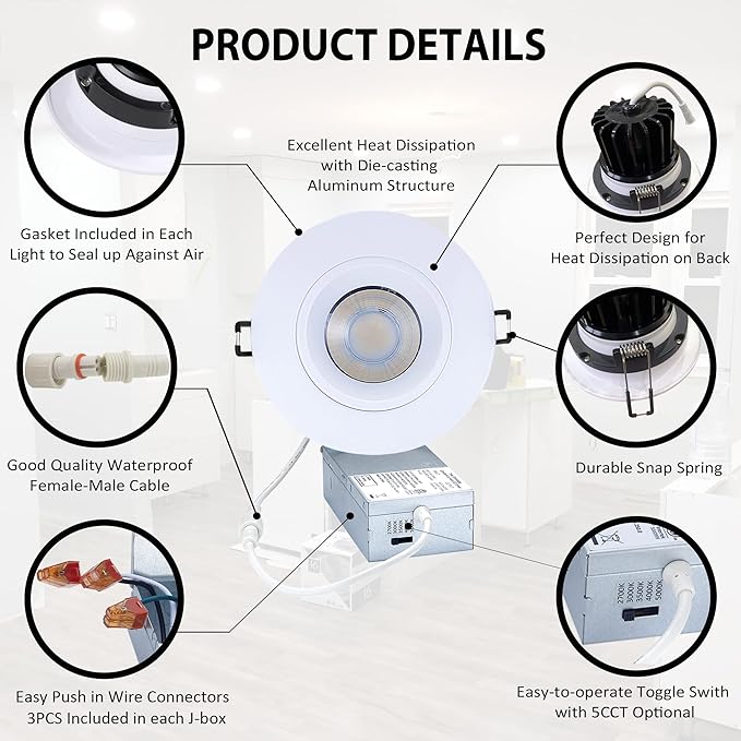 POPANU Canless Recessed Gimbal Downlight - Suitable for 20ft High Ceiling 1200lm 4 Inch 15W LED Rotatable Eyeball Spotlight, 5CCT Dimmable Lights with Junction Box, Anti-Glare White 4 Pack
