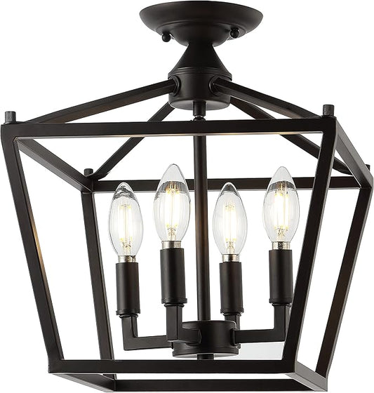JONATHAN Y 12" Oil Rubbed Bronze Modern Farmhouse Pagoda 4-Light LED Semi Flush Mount Lantern, Metal Ceiling Light Fixture for Kitchen, Hallway, Entryway, Bedroom, Hardwired JYL7610A
