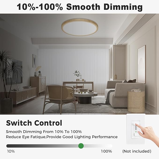 zemty 2Pack 12 inch Faux Wood LED Flush Mount Ceiling Lights, Dimmable 5 Color Temp (3000K-6500K), 24W 2400LM Bright Round Light Fixture for Livingroom Bedroom Diningroom Kitchen